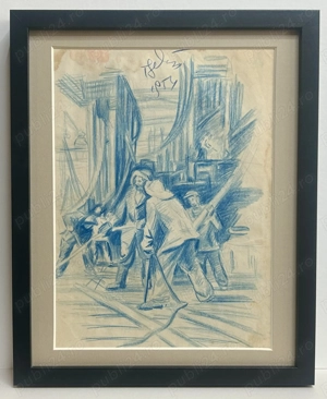 Toader Schipor 1954 Tablou Peisaj Muncitori pe Șantierul Naval grafică crochiu pastel albastru
