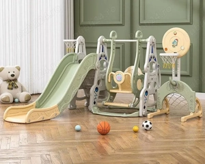 Ansamblu de joaca pentru copii, Kinderplay Astronaut, 5 in 1, tobogan, leagan, cos baschet, verde