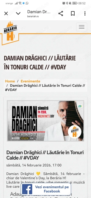 bilete concert Damian Draghici 14.02.2026 la Berăria H ora 17.