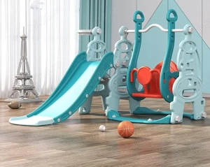 Ansamblu de joaca pentru copii Kinderplay, 4 in 1, cu leagan, tobogan, cos de baschet, Blue