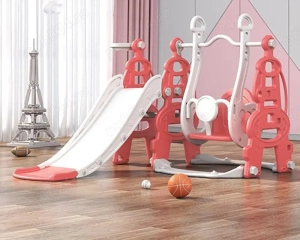 Ansamblu de joaca Kinderplay, 4 in 1, cu leagan, tobogan, cos de baschet, RED