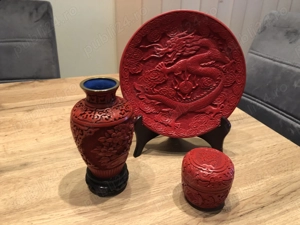 Vand set 3 piese asiatice din cinnabru rosu
