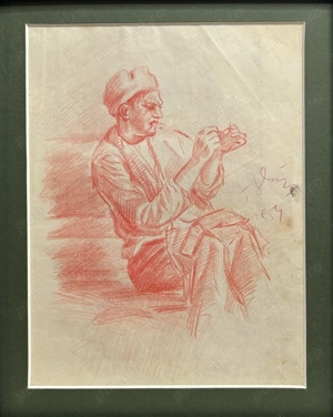 Toader Schipor 1954 Tablou Portret Militar RPR schimbând Gradele grafică crochiu pastel pe roșu