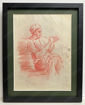 Toader Schipor 1954 Tablou Portret Militar RPR schimbând Gradele grafică crochiu pastel pe roșu
