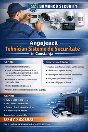 DOMARCO SECURITY SRL angajează tehnician sisteme de securitate în Constanța.                        