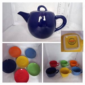 Set 6 cesti , ceainic, farfurii ceramice și suport metal