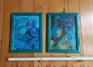2 tablouri , pictate abstract, turquoise 