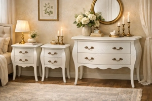 Comoda Vintage Alba din lemn cu 2 sertare; Comoda Stil Baroc