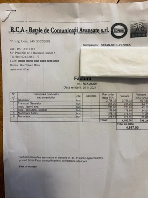 Generator O'Mac GT 13000E, 5 kw, nou, pornire electrica -pret un pic negociabil.