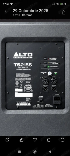 Subwoofer activ Alto TS 215 cu Difuzor de 15" B&C Neodimium Nou - imagine 3