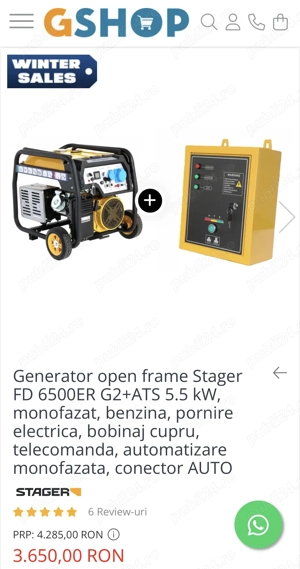 Generator open frame 5.5 kW   model Stager FD 6500ER G2 + ATS