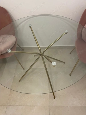 Set dining: masă rotundă din sticlă + 3 scaune catifea, picioare aurii   design modern - imagine 4