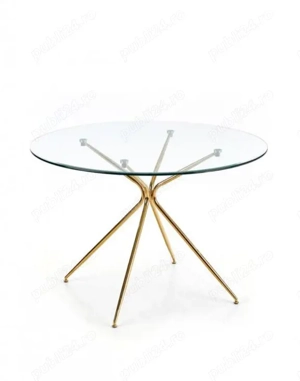 Set dining: masă rotundă din sticlă + 3 scaune catifea, picioare aurii   design modern