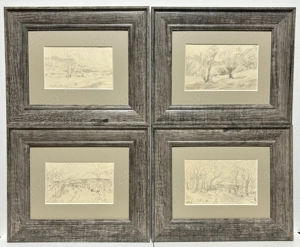 Set 4 Tablouri Miniaturale Toader Schipor Peisaje Bucovinene anul 1959, grafică în cărbune creion