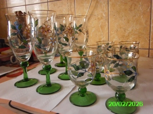 pahare set 6 mici 6 mari complet cu suport floare,sticla palinca si vas gheata aurite,cutit spart ga