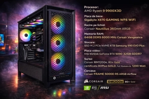Sistem Gaming Ultra High End AMD Ryzen 9 9900X3D 64GB RAM DDR5 4TB SSD RTX 5090, 2 ani garantie eMAG