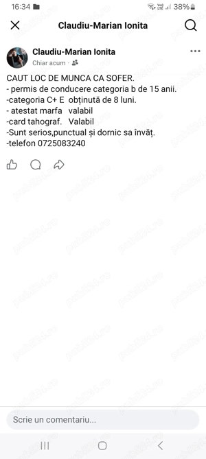 Caut loc de munca ca sofer categori B+C+E menționez C+E incepator