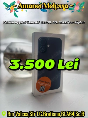 Telefon Apple iPhone 16, 128GB, 5G, Black,Nou Sigilat!