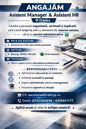 ANGAJĂM   Asistent Manager   Asistent HR   Resurse Umane in Oradea