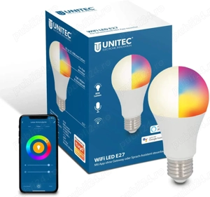 Bec Inteligent UNITEC WiFi LED E27, RGB+CCT, 10W, Dimmabil, Control prin App & Voice