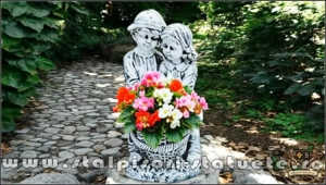 Statuetă copii cu coșuleț, gri patinat, model S7. - imagine 2