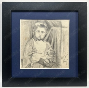 Toader Schipor 1957 Tablou Portret Băiețel cu Carte grafică crochiu în creion înrămat 24x24 cm