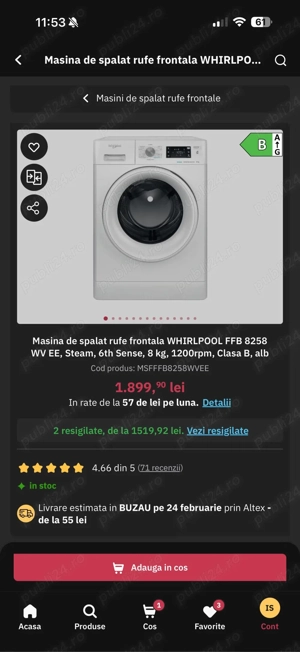 Mașina de spălat WHIRLPOOL 8kg, 1200rpm, clasa B, alb - imagine 2