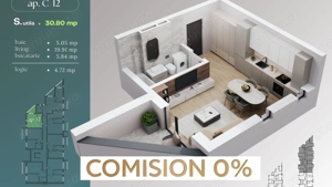 Comision 0% Apartament 1 cameră | 30,8 mp utili | Balcon 4,72 mp | Clădire NZEB