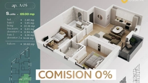 Comision 0% Apartament 3 camere | 69 mp utili | Balcon 4,31 mp | Liceul Babel