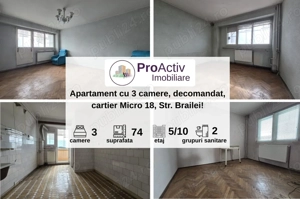 Apartament 3 camere, Str. Brăilei, Etaj 5 10, suprafata 74 mp.