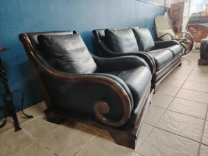 Set canapea si 2 fotolii design danez piele naturala lemn tec.