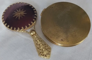 Set vintage damă: Pudrieră și Oglindă grena auriu - imagine 5