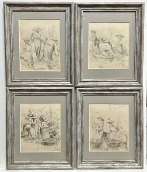 Lot 4 Tablouri Toader Schipor 1956 Peisaje Săsoaice la Cules de Hamei Sibiu Laslea grafică cărbune