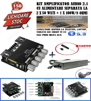 Kit amplificator audio 2.1 cu alimentare separata -2x50W +1x100W 8ohmi