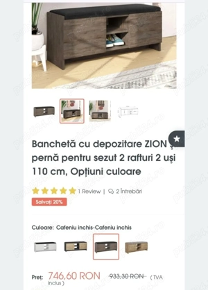 Mobexpert Banchetă Pantofar Dulap cu depozitare şi pernă pentru sezut 2 rafturi - imagine 3
