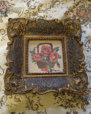 Goblen pătrat cusut manual, ramă baroc cu geam și agățătoare   14 14 cm