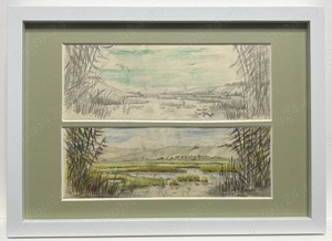 Toader Schipor 1959 Tablou cu 2 Peisaje, pictura acuarele înrămată 23x32cm