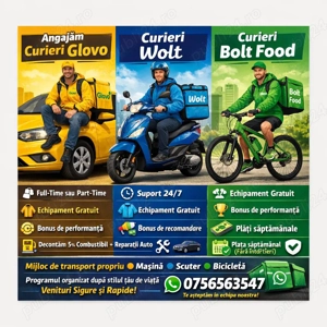 Recrutam curieri în orașele București,Constanța, Craiova,Sibiu,Brașov,Iași, Buzău,Timișoara și Cluj 