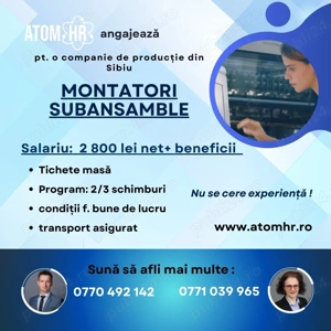 Angajăm Montatori subansamble pt.companie din Sibiu.