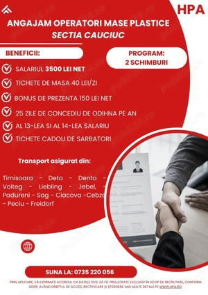 HPA recrutează Operator mase plastice cauciuc pentru o fabrică din Timișoara.