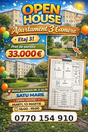 OPEN HOUSE | Apartament cu 3 camere, la etajul 3 | Closca