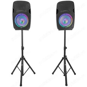 Set boxe active BoomToneDJ PS212A LED 2 12 , 500W, Bluetooth, USB, SD, FM, cu stative și microfon