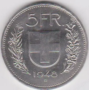Moneda 5 franci Elvetia 1948 - UNC - EROARE DEOSEBITA