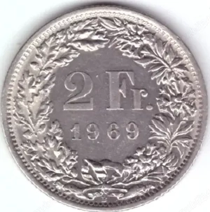 Moneda FALSA - 2 franci Eivetia 1969
