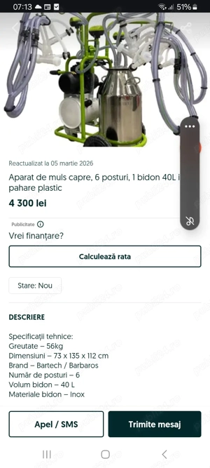 Vand mulgatoare capre_oi cu 6 posturi nou nefolosit 