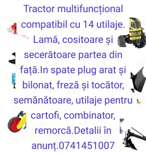 Tractor diesel multifuncțional,articulat cu plug profesional și freză tractată.