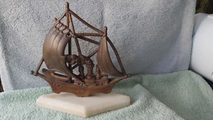 Machetă Vapor Epocă Alamă Masivă 1.74kg Soclu Marmură Navă Vele Aburi