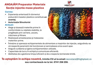 ANGAJĂM Preparator Materiale Secție injectie mase plastice