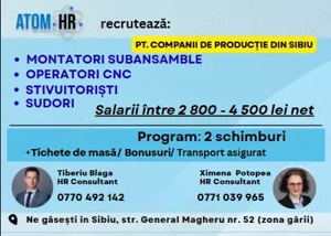 Atom HR angajează în producție, pe diverse poziții în producție!
