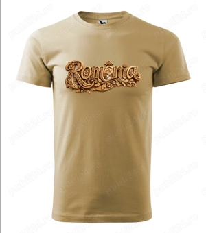 Tricou unisex, nisip, imprimat DFT " ROMANIA PE LEMN " 